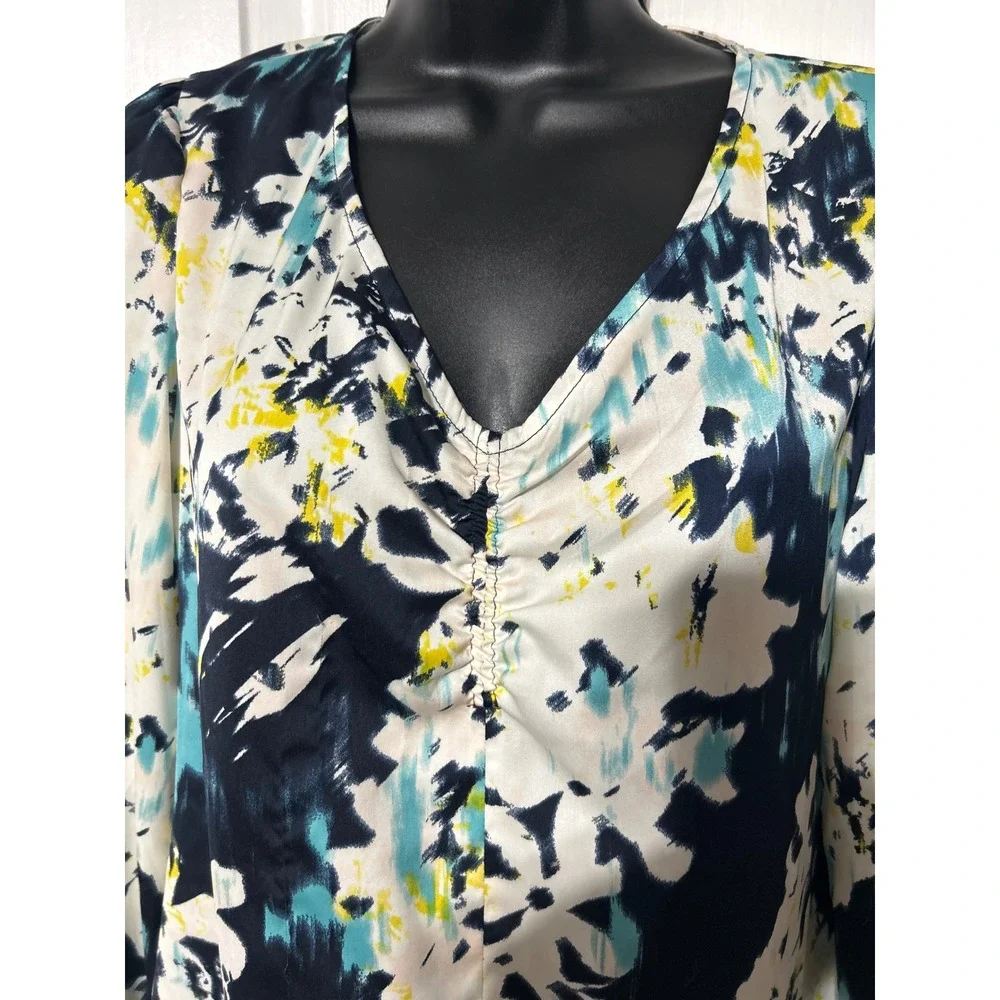 Banana Republic Womens Small Navy Teal Abstract Floral Ruched V-Neck Blouse Top